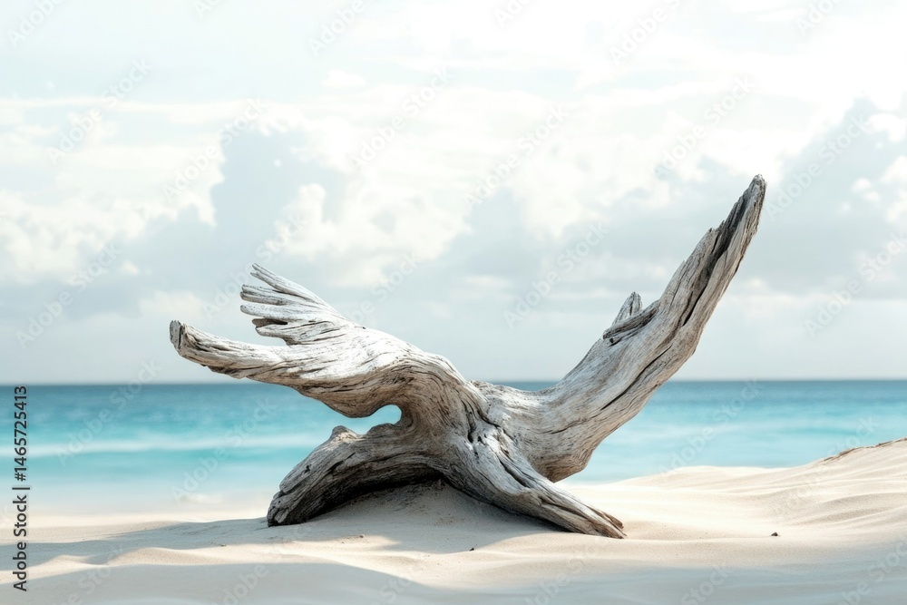 Fototapeta premium Weathered driftwood rests gracefully on a pristine beach, ocean backdrop.