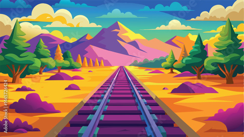 Vibrant landscape illustration featuring a railway track leading towards majestic mountains and colorful skies