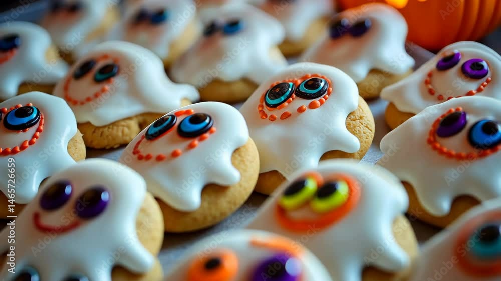 Colorful ghost cookies: festive halloween treats with smiling faces Colorful ghost cookies: festive halloween treats with smiling faces