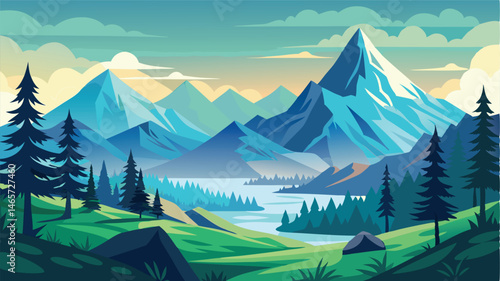 Beautiful landscape scene featuring mountains forest trees lake and clouds illustration vector