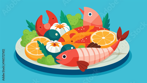A feast for the eyes and taste buds this Chilean seafood platter seduces with its abundance and freshness.. Vector illustration