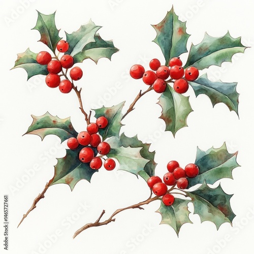 Three watercolor illustrations of holly branches with green spiky leaves and clusters of red berries on white background
