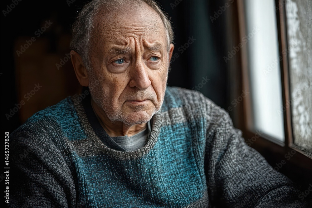 Elderly man with deep wrinkles wearing a blue and gray knitted sweater looking pensively out of a window showing emotion of sadness or contemplation Elderly man with deep wrinkles wearing a blue and gray knitted sweater looking pensively out of a window showing emotion of sadness or contemplation