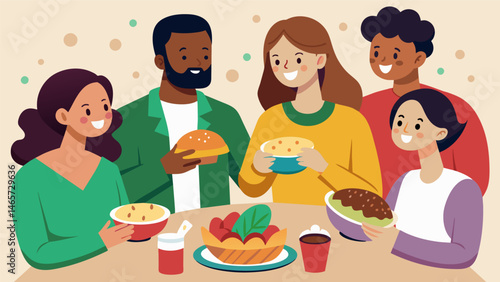 A group of friends enjoying a platter of baleadas each one personalized with their choice of fillings and toppings.. Vector illustration