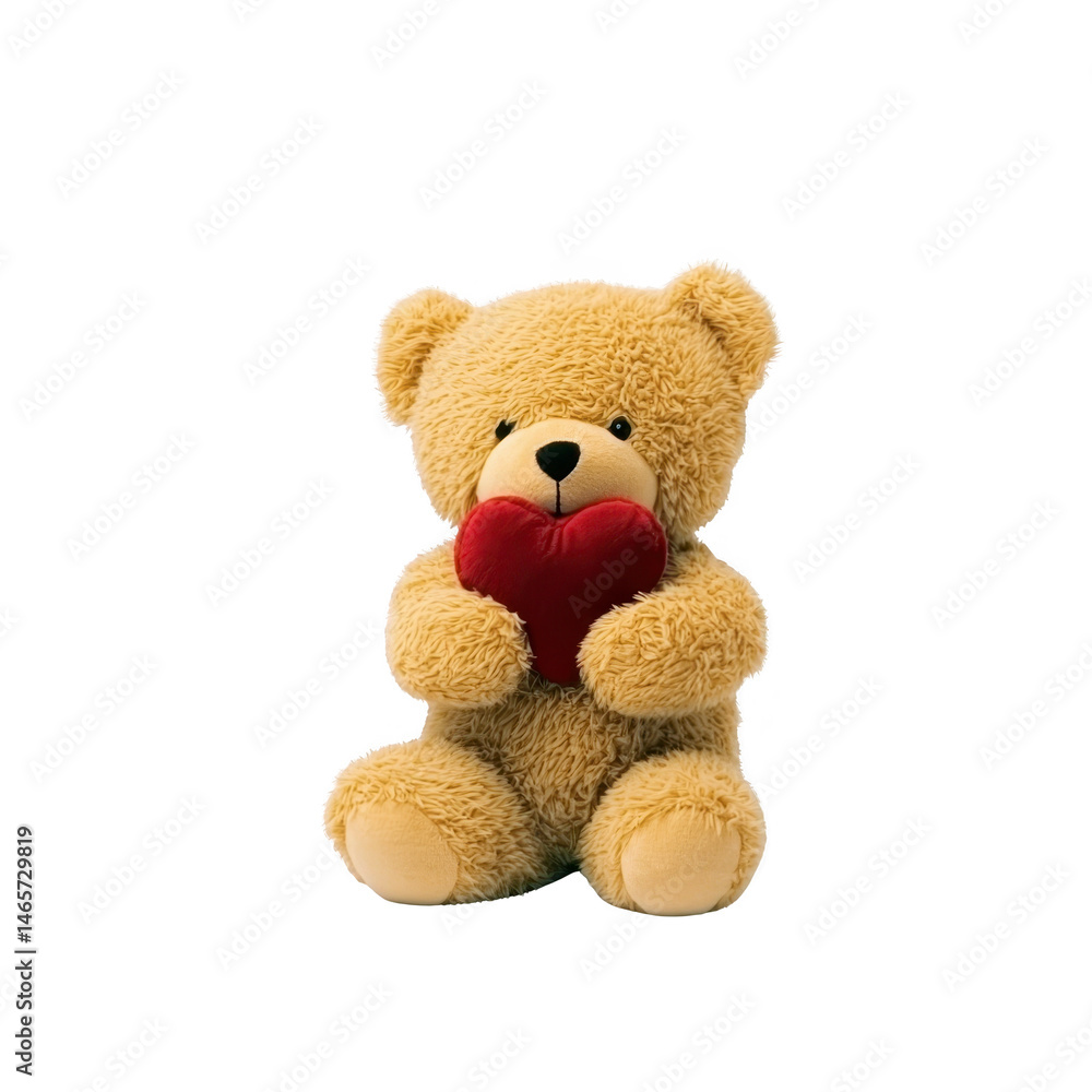 Obraz premium Cute teddy bear holding red heart, symbolizing love and affection. plush toy is soft and cuddly, perfect for gifts or decoration. Its warm, fuzzy texture adds charm