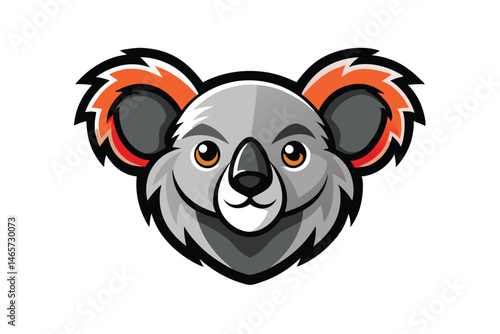 Smiling koala cartoon head outlined in black has sharp ears and bright eyes