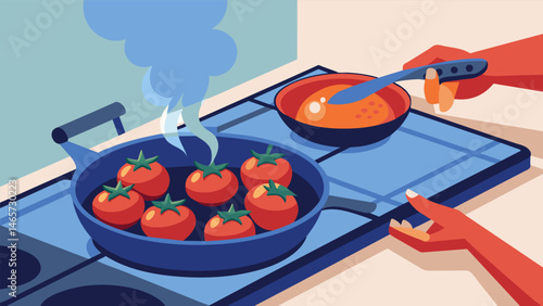 A persons hands skillfully chargrilling plump juicy tomatoes on a gas stovetop adding a smoky depth of flavor to the salsa.. Vector illustration