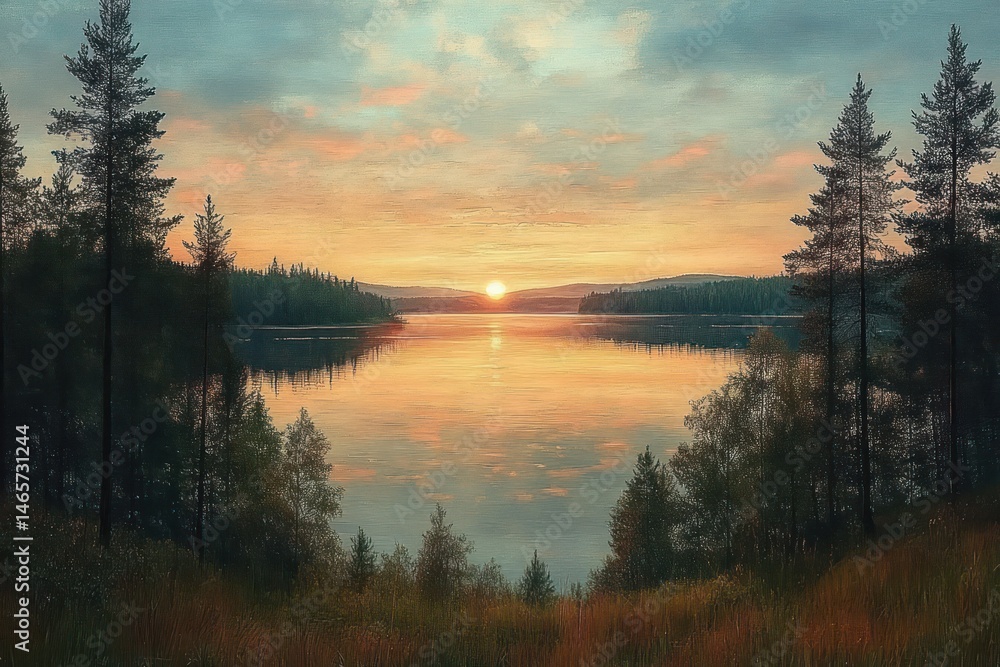Sunset over a calm lake surrounded by pine trees and distant hills reflecting soft orange and blue hues in the water and sky Sunset over a calm lake surrounded by pine trees and distant hills reflecting soft orange and blue hues in the water and sky