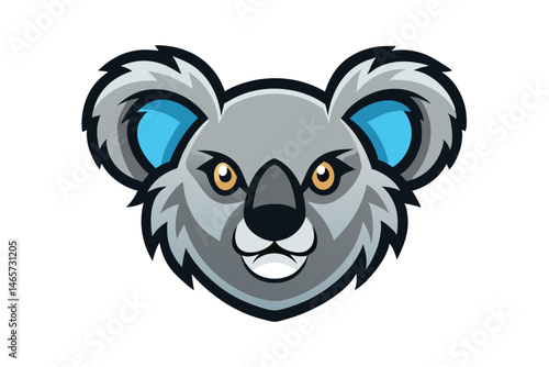 A cute gray koala mascot has blue ears and stands isolated on white