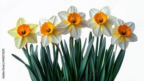 Wallpaper Mural Cluster of five blooming daffodil flowers with white petals and bright orange trumpet centers surrounded by green long leaves against a white background Torontodigital.ca