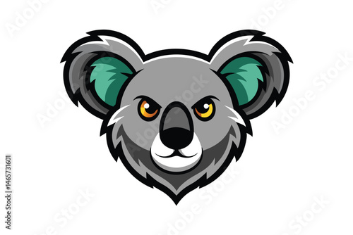 Cartoon koala head showcases a confident and powerful expression with its striking golden eyes