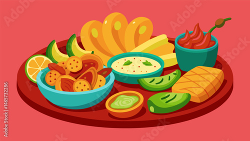 A generous platter of Mexican indulgences from savory chicharrones to sweet cinnamon churros.. Vector illustration