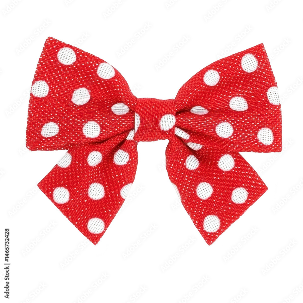 Red polka dot bow with playful design, featuring white spots on textured fabric. This decorative accessory is perfect for adding cheerful touch to gifts or outfits Red polka dot bow with playful design, featuring white spots on textured fabric. This decorative accessory is perfect for adding cheerful touch to gifts or outfits