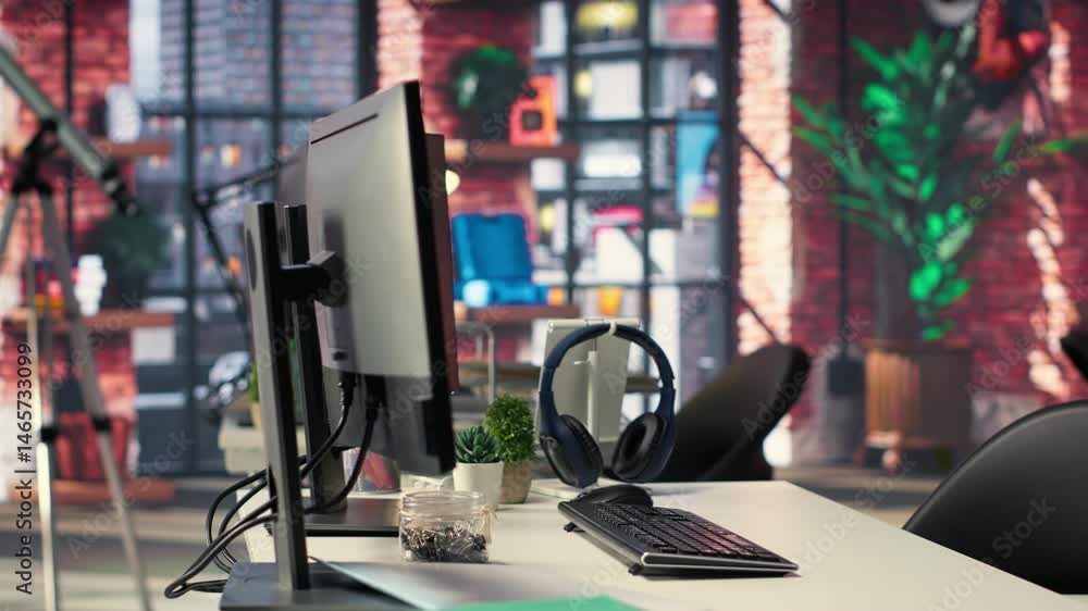 Desktopi Modern desktop setup in an IT agency shows a visual coding interface ...