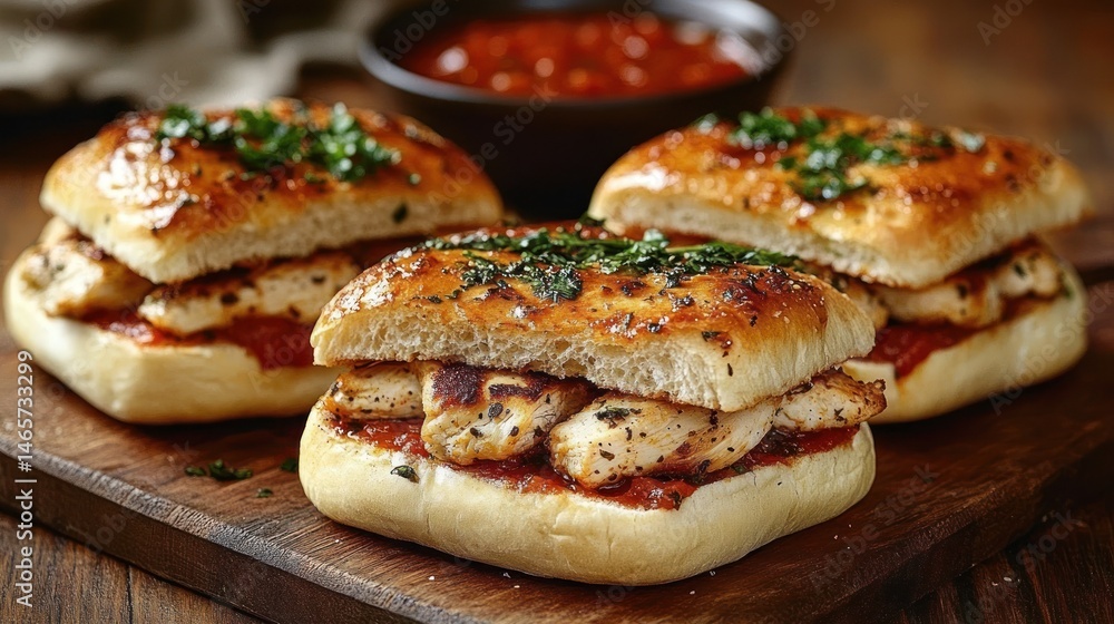 Three grilled chicken sandwiches with herbs on toasted buns served on a wooden board with a bowl of red sauce in the background Three grilled chicken sandwiches with herbs on toasted buns served on a wooden board with a bowl of red sauce in the background