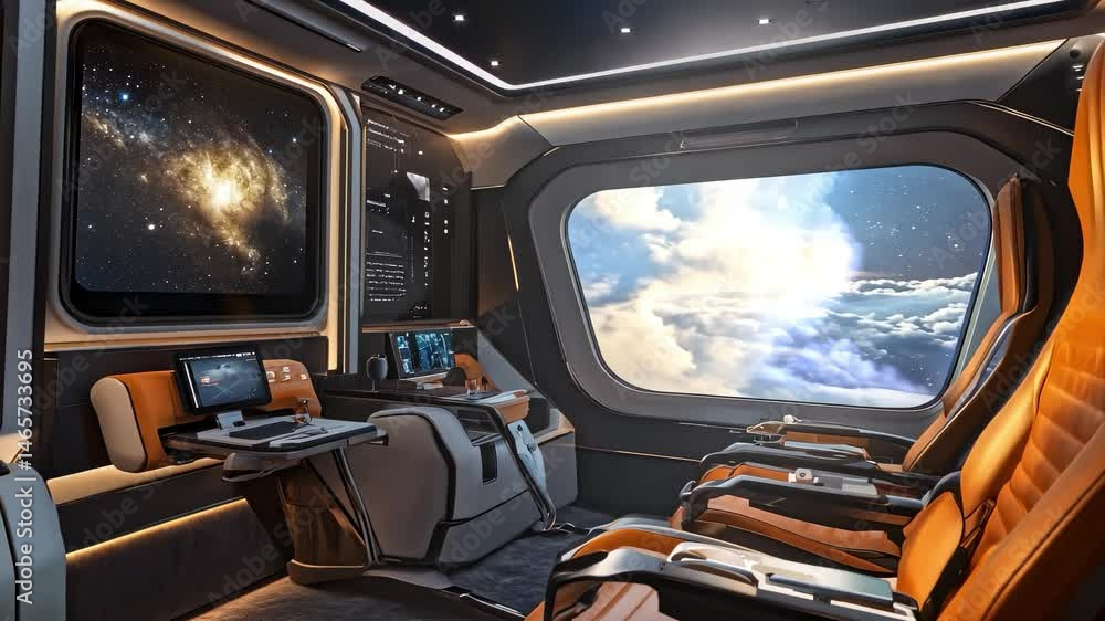 Luxurious Spacecraft Cabin Interior View with Stars and Earth Clouds Outside the Window Luxurious Spacecraft Cabin Interior View with Stars and Earth Clouds Outside the Window