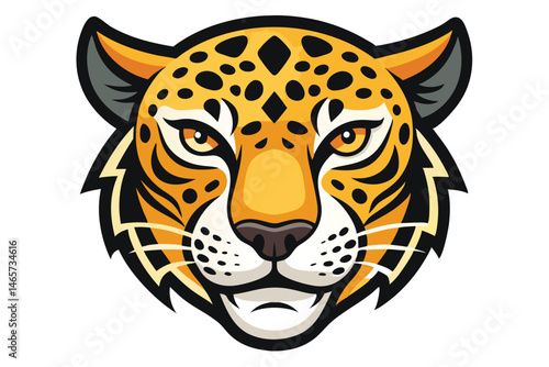 A stylized art piece features a fierce jaguar head looking directly forward