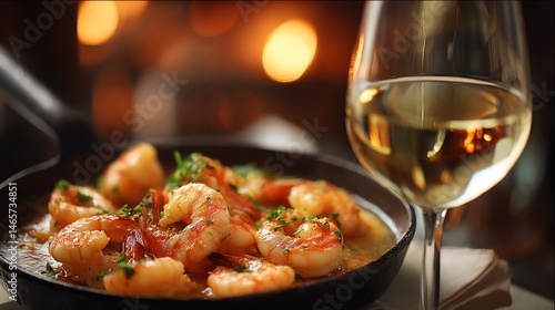 Fototapeta Naklejka Na Ścianę i Meble -  白ワインと楽しむエビ料理の晩餐