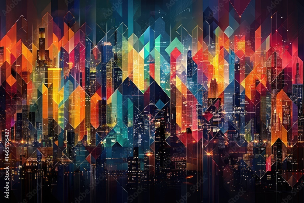 Fototapeta premium Abstract cityscape illustration with vibrant geometric shapes.