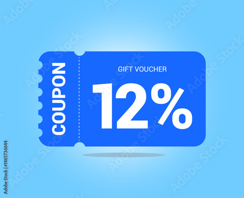 12% coupon promotion sale. Twelve percent Vector Gift Voucher. Blue discount, lucky ticket, special offer promo. Web, shopping label, percent sign. Special price offers.