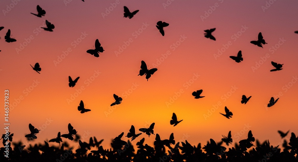 Majestic Sunset Silhouette Numerous Butterflies in Flight Nature Scene Majestic Sunset Silhouette Numerous Butterflies in Flight Nature Scene