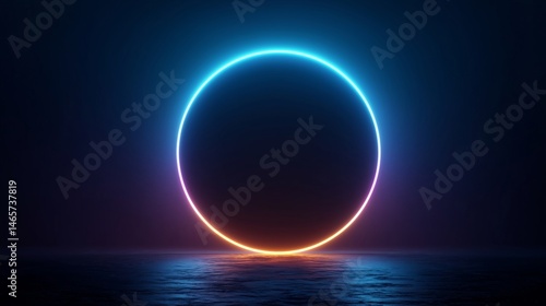 Glowing Neon Circle Over Reflective Surface