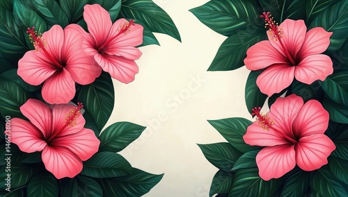Wallpaper Mural Bright pink hibiscus flowers with dark green leaves arranged on a light background creating a vibrant floral frame Torontodigital.ca