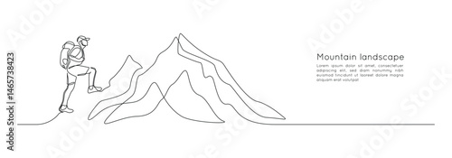 Man climbs the mountains in one continuous line drawing. Traveler with backpack is hiking in simple linear style. Leadership development Editable stroke. Doodle vector illustration