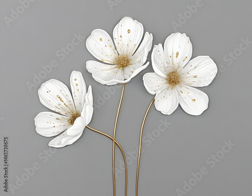 Minimalist 3D illustration of white paper flowers with golden stems and leaves, arranged in an elegant circular frame on a soft light background. Perfect for decor or luxury design.