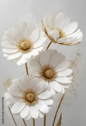 Minimalist 3D illustration of white paper flowers with golden stems and leaves, arranged in an elegant circular frame on a soft light background. Perfect for decor or luxury design.