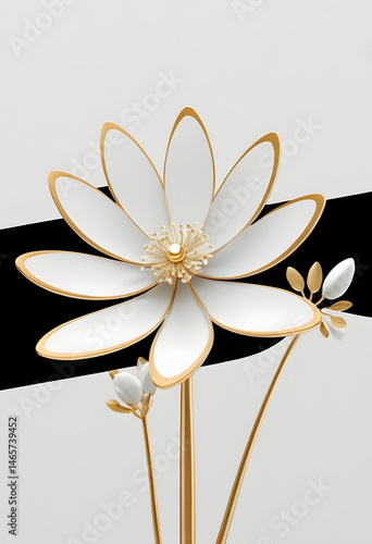 Minimalist 3D illustration of white paper flowers with golden stems and leaves, arranged in an elegant circular frame on a soft light background. Perfect for decor or luxury design.