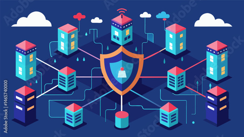 A complex network of data servers is depicted as a digital fortress emphasizing the importance of robust cyber defense systems for businesses and organizations.. Vector illustration