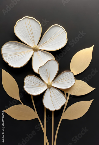 Minimalist 3D illustration of white paper flowers with golden stems and leaves, arranged in an elegant circular frame on a soft light background. Perfect for decor or luxury design.