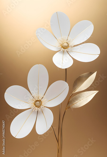 Minimalist 3D illustration of white paper flowers with golden stems and leaves, arranged in an elegant circular frame on a soft light background. Perfect for decor or luxury design.