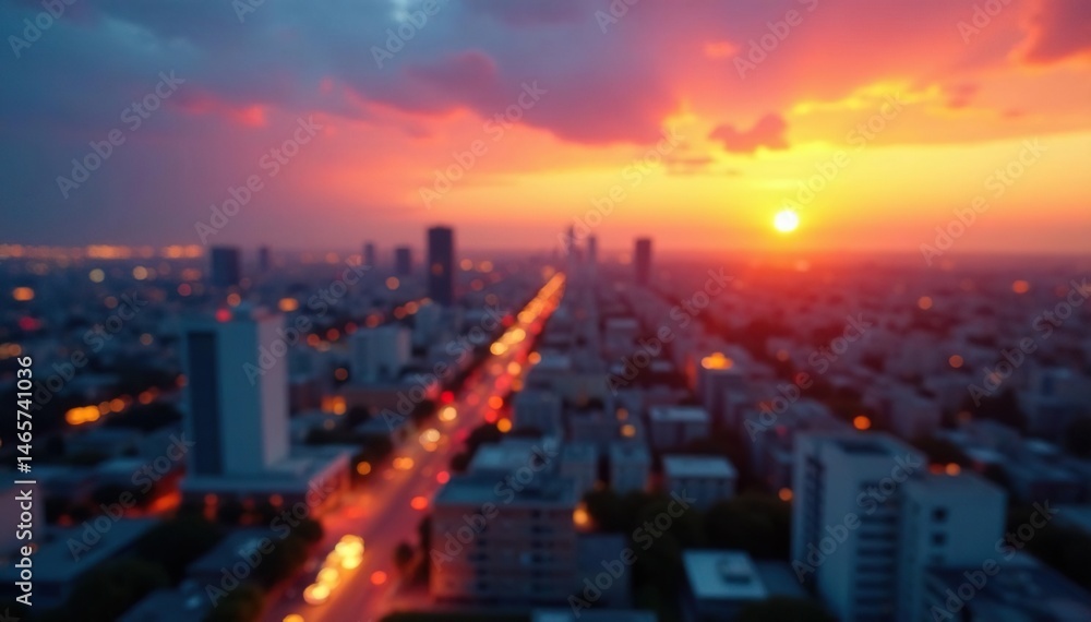 Fototapeta premium Close-up of blurry, out-of-focus cityscape at sunset, diffused, vague, dreamy