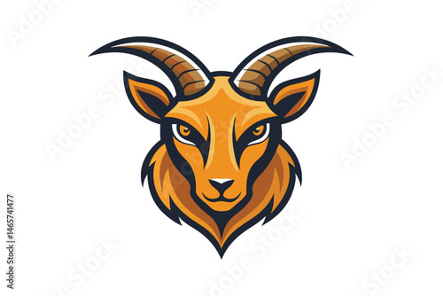 Orange goat head with dark outline and sharp horns stares intently ahead