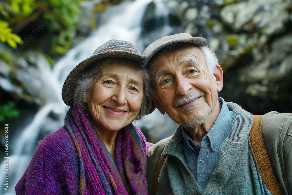 Smiling elderly couple standing close together near scenic waterfall outdoors, perfect for romance visuals, retirement ads, and travel promotions