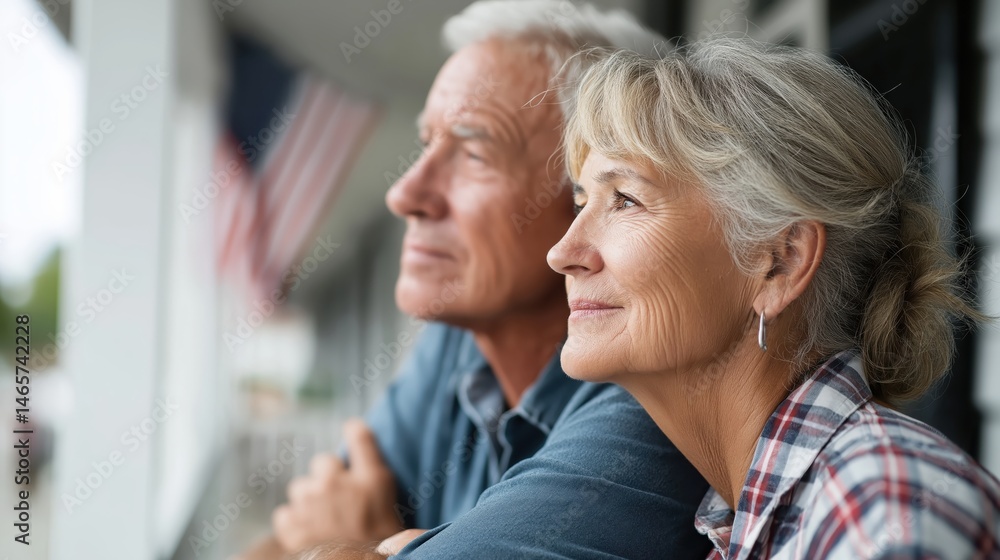 Senior couple sitting on front porch looking thoughtfully into distance, ideal for American family traditions, aging themes, nostalgia, retirement and lifestyle marketing