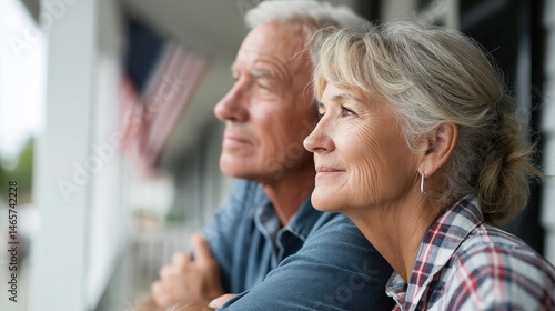 Obraz na płótnie Senior couple sitting on front porch looking thoughtfully into distance, ideal for American family traditions, aging themes, nostalgia, retirement and lifestyle marketing w salonie