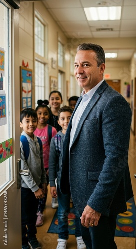 Man teacher with students in school hallway education elementary school principal with children smiling happy