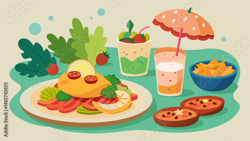 A cozy cafe offers a selection of tostadas toppings from shrimp ceviche to slowcooked pork accompanied by a glass of homemade chilled Agua de Jamaica.. Vector illustration