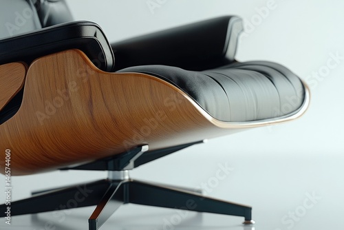 Close-up of a mid-century modern lounge chair, showcasing its sleek black leather and warm wood details.