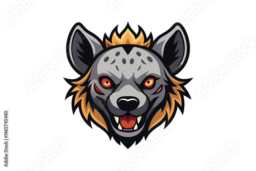 Cartoon hyena with menacing red eyes appears ready to bite on the white background