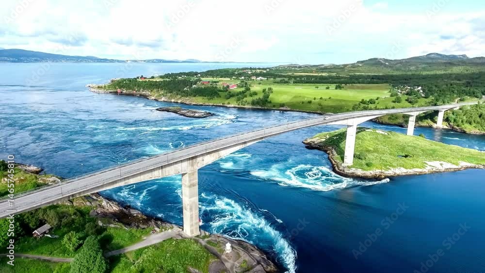 Panoramic View of Bridge Spanning Tidal Rapids and Coastal Landscape Panoramic View of Bridge Spanning Tidal Rapids and Coastal Landscape
