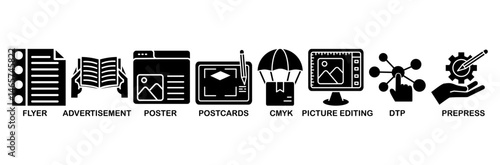 Print icon set vector illustration concept with icon of flyer, advertisement, brochure, poster, postcards, cmyk, picture editing, dtp, and prepress