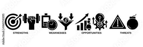 SWOT icon set vector illustration concept for strengths, weaknesses, threats and opportunities analysis with an icon of value, goal, break chain, low battery, growth, check, and crisis