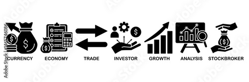 Forex icon set vector illustration concept with icon of currency, economy, trade, investor, growth, analysis and stockbroker