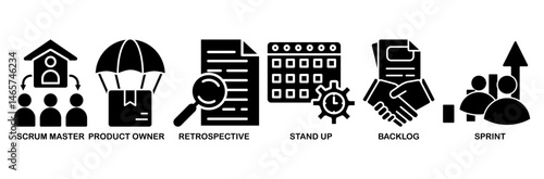 Scrum icon set vector illustration concept with icon of scrum master, product owner, retrospective, stand up, backlog, and sprint