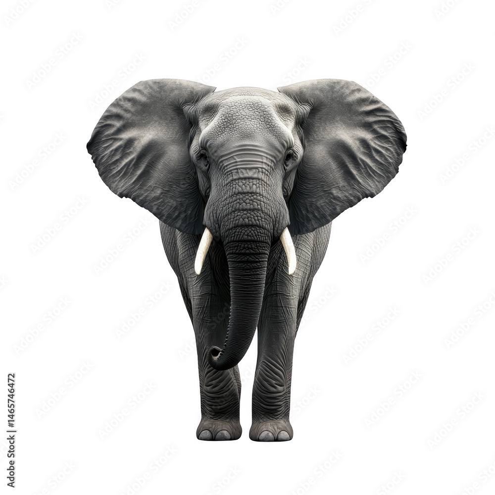 Obraz premium Elephant stands facing forward, showcasing its large ears and tusks against plain background. detailed texture of its skin is visible, highlighting majestic presence of this gentle giant