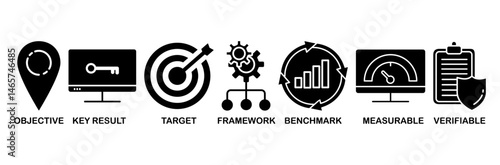 OKR icon set vector illustration concept for objectives and key results with icon of objective, key results, target, framework, benchmark, measurable, and verifiable